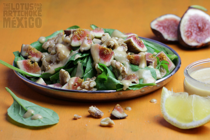 Fig Walnut Spinach Salad with Lemon Date Dressing - The Lotus and the Artichoke MEXICO Vegan Cookbook